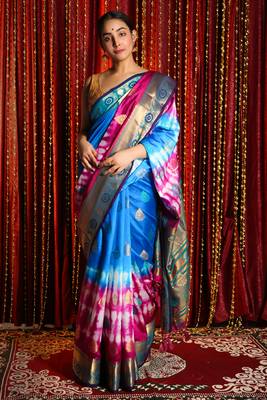 Blue And Deep Pink Tie & Dye Blended Silk Saree 1