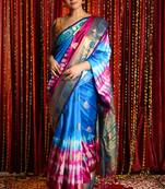 Blue And Deep Pink Tie & Dye Blended Silk Saree