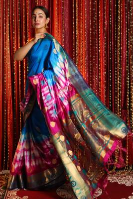 Blue And Deep Pink Tie & Dye Blended Silk Saree 2