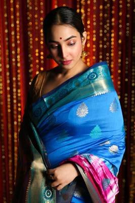 Blue And Deep Pink Tie & Dye Blended Silk Saree 3