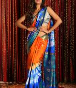 Orange And Blue Tie & Dye Blended Silk Saree