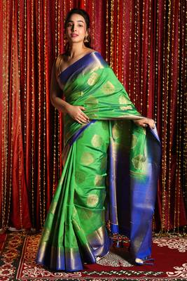 Green Dual Tone Blended Silk With Allover Zari Weaving And Blue Border & Pallu 1