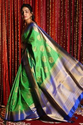 Green Dual Tone Blended Silk With Allover Zari Weaving And Blue Border & Pallu 2