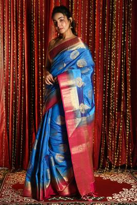 Royal Blue Dual Tone Blended Silk With Allover Zari Weaving And Pink Border & Pallu 1