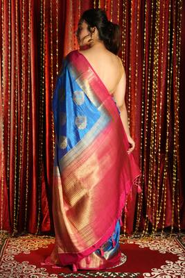 Royal Blue Dual Tone Blended Silk With Allover Zari Weaving And Pink Border & Pallu 2