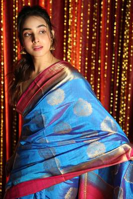 Royal Blue Dual Tone Blended Silk With Allover Zari Weaving And Pink Border & Pallu 3