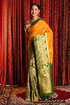 Firey Yellow And Pistachio Green Half & Half Banarasi Saree With Brocade Design 1