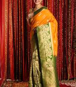 Firey Yellow And Pistachio Green Half & Half Banarasi Saree With Brocade Design