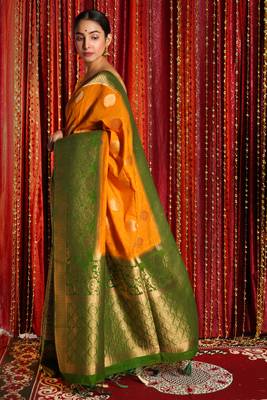 Firey Yellow And Pistachio Green Half & Half Banarasi Saree With Brocade Design 2