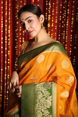 Firey Yellow And Pistachio Green Half & Half Banarasi Saree With Brocade Design 3