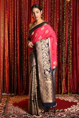 Punch Pink And Navy Blue Half & Half Banarasi Saree With Brocade Design 1