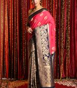 Punch Pink And Navy Blue Half & Half Banarasi Saree With Brocade Design