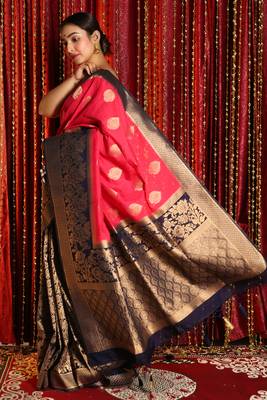 Punch Pink And Navy Blue Half & Half Banarasi Saree With Brocade Design 2
