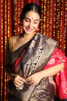 Punch Pink And Navy Blue Half & Half Banarasi Saree With Brocade Design 3