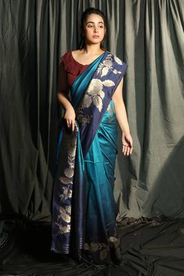 Teal Blue And Navy Blue Dupion Silk Saree With Golden Floral Border 1