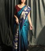 Teal Blue And Navy Blue Dupion Silk Saree With Golden Floral Border