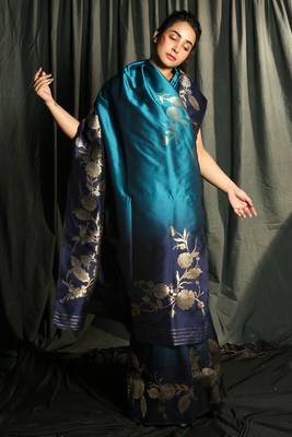 Teal Blue And Navy Blue Dupion Silk Saree With Golden Floral Border 2