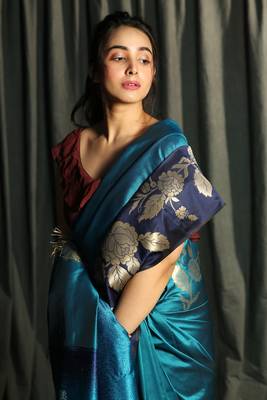 Teal Blue And Navy Blue Dupion Silk Saree With Golden Floral Border 3