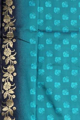 Teal Blue And Navy Blue Dupion Silk Saree With Golden Floral Border 4