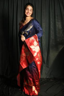 Navy Blue And Red Dupion Silk Saree With Golden Floral Border 1