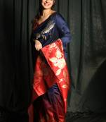 Navy Blue And Red Dupion Silk Saree With Golden Floral Border