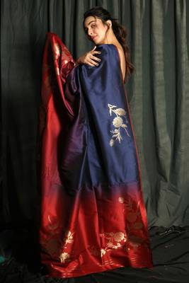 Navy Blue And Red Dupion Silk Saree With Golden Floral Border 2