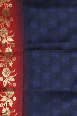 Navy Blue And Red Dupion Silk Saree With Golden Floral Border 4