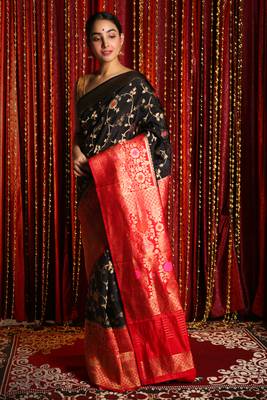 Black Floral Zari Weaved Semi Banarasi Saree With Red Boreder And Pallu 1