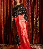 Black Floral Zari Weaved Semi Banarasi Saree With Red Boreder And Pallu