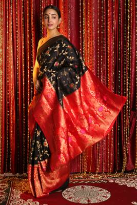 Black Floral Zari Weaved Semi Banarasi Saree With Red Boreder And Pallu 2