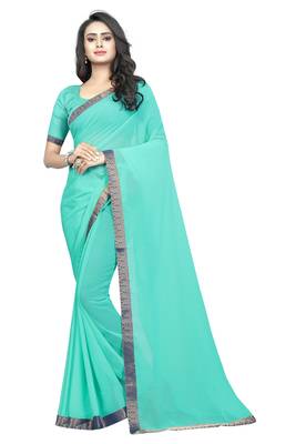 Green plain georgette saree with blouse 1
