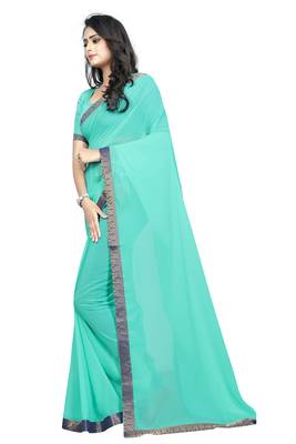 Green plain georgette saree with blouse 2