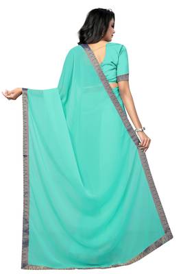 Green plain georgette saree with blouse 4