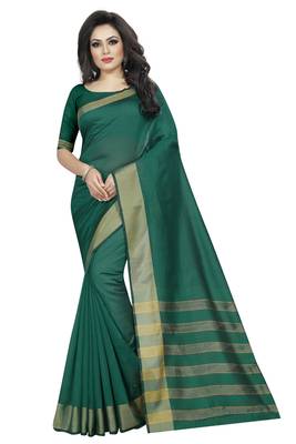 Green plain cotton silk saree with blouse 1