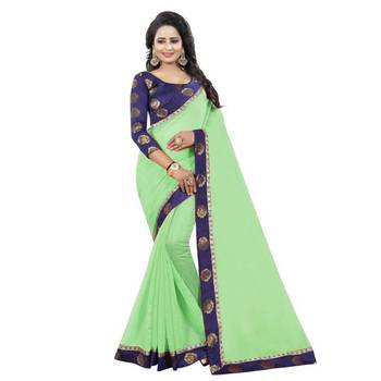 Green plain chanderi silk saree with blouse 1