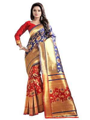 Blue embroidered banarasi silk saree with blouse 1