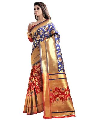 Blue embroidered banarasi silk saree with blouse 2