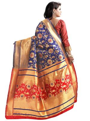 Blue embroidered banarasi silk saree with blouse 4