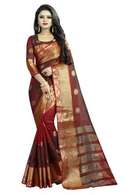 Maroon embroidered banarasi cotton saree with blouse 1
