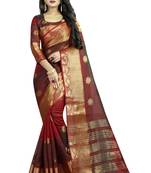 Maroon embroidered banarasi cotton saree with blouse