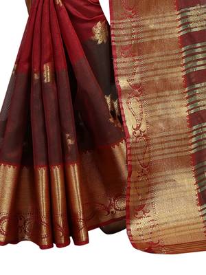 Maroon embroidered banarasi cotton saree with blouse 4