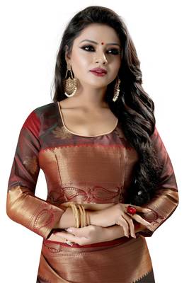 Maroon embroidered banarasi cotton saree with blouse 5