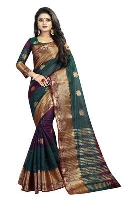 Green embroidered banarasi cotton saree with blouse 1