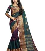 Green embroidered banarasi cotton saree with blouse