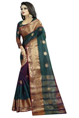Green embroidered banarasi cotton saree with blouse 2