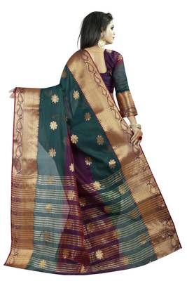 Green embroidered banarasi cotton saree with blouse 3