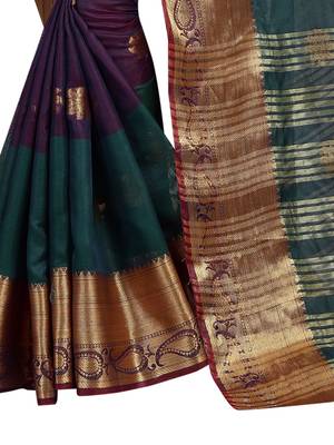 Green embroidered banarasi cotton saree with blouse 4