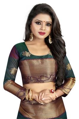 Green embroidered banarasi cotton saree with blouse 5