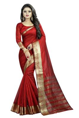 Red embroidered banarasi cotton saree with blouse 1