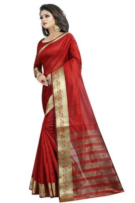 Red embroidered banarasi cotton saree with blouse 2